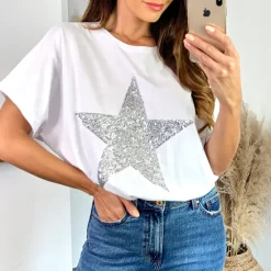 Best deal 🌟 HOXTON GAL Sequin Star T 👕 Shirt Relaxed Fit In White 🎉