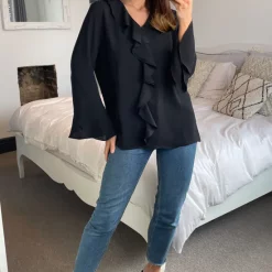 Top 10 🎁 HOXTON GAL Oversized Crepe Top With Frilled Front In Black 😉