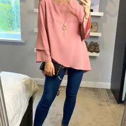 Wholesale 🎉 HOXTON GAL Long Sleeve Oversized Crepe Blouse In Pink With Necklace ⌛