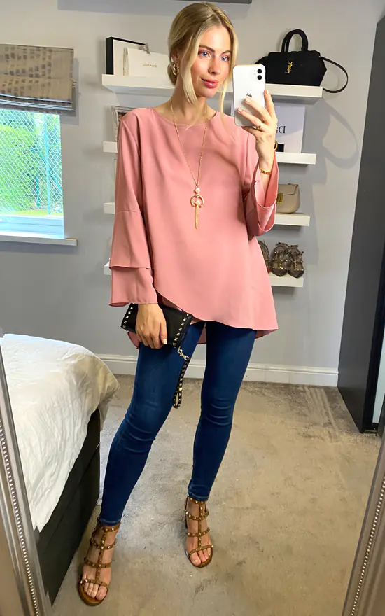 Wholesale ๐ HOXTON GAL Long Sleeve Oversized Crepe Blouse In Pink With Necklace โ