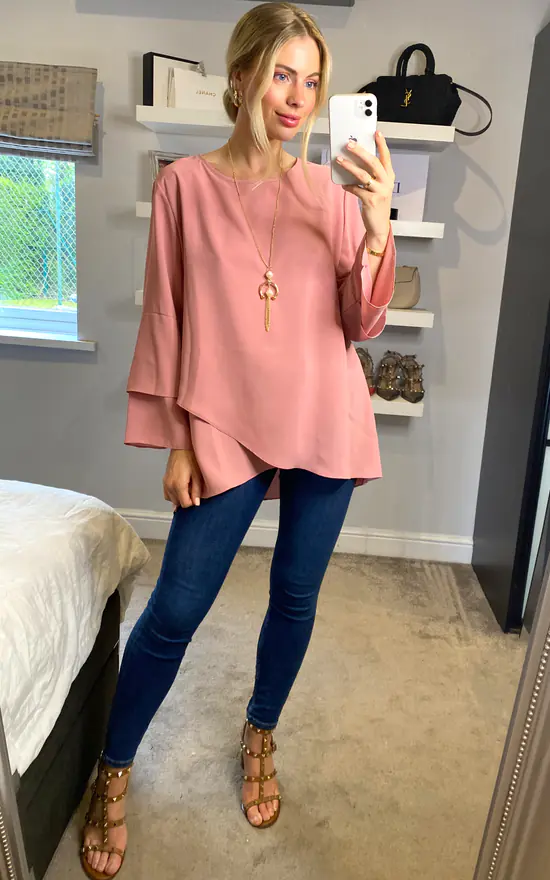 Wholesale ๐ HOXTON GAL Long Sleeve Oversized Crepe Blouse In Pink With Necklace โ - Image 2