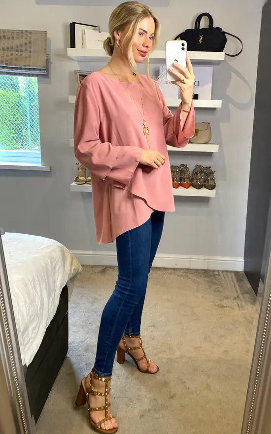 Wholesale ๐ HOXTON GAL Long Sleeve Oversized Crepe Blouse In Pink With Necklace โ - Image 3