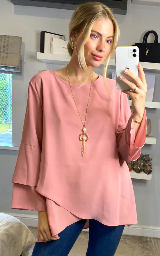 Wholesale ๐ HOXTON GAL Long Sleeve Oversized Crepe Blouse In Pink With Necklace โ - Image 4