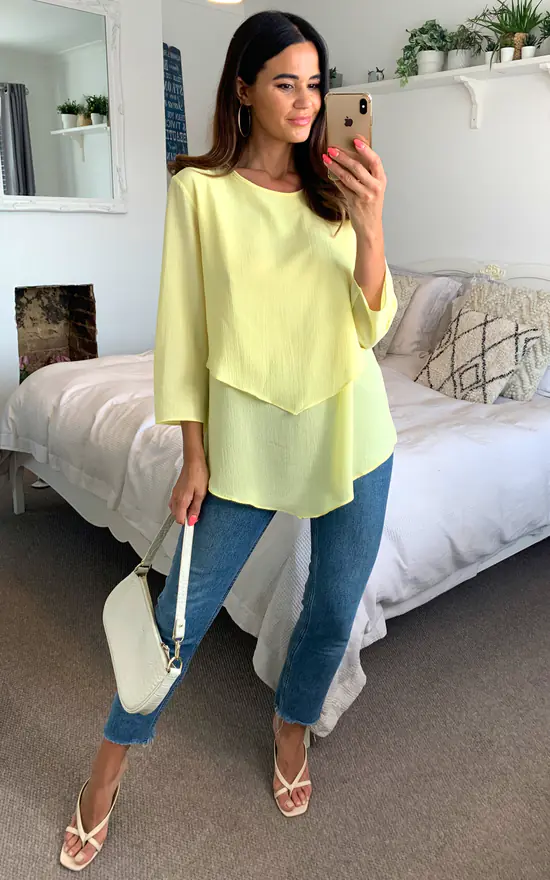 Budget ๐งจ HOXTON GAL 3/4 Sleeve Relaxed Layered Crepe Top With Necklace In Yellow ๐ - Image 2