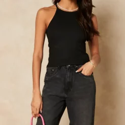 Best Sale 🧨 Pieces Ribbed Vest Top In Black 🔥