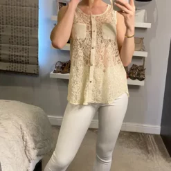 Coupon ✔️ CY Boutique Collarless 👚 Shirt In Floral Lace And Chiffon In Cream 🎁