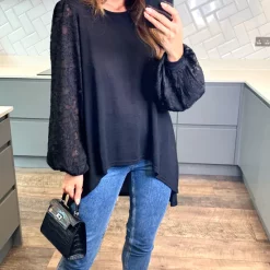 Wholesale 👏 Blue Vanilla Flora Hi Low Lace Sleeve Top In Black ✨