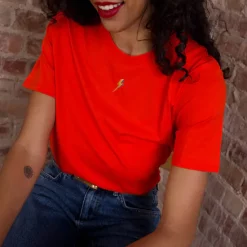 Top 10 🔔 Rock On Ruby Lightning Bolt Embroidered T 👕 Shirt In Tangerine Orange 🥰