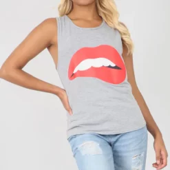 Best Pirce 😍 Oops Fashion Grey Vest Top With Red Lips Graphic 🔥