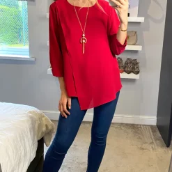 Best deal 🎁 HOXTON GAL Oversized Crepe Asymmetric Blouse In Red With Necklace 🛒