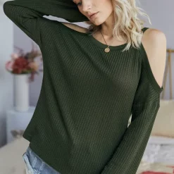 Buy 😀 FS Collection Cold Shoulder Long Sleeve Top In Olive Green ⌛