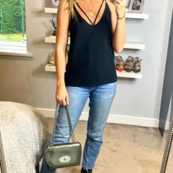 Coupon ✨ MISSTRUTH Black Plunge V Neck Strap Details Sleeveless Cami Top Vest 👍