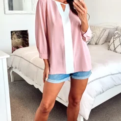 Best deal 🎁 HOXTON GAL 3/4 Sleeve Oversized V Neck Top With Line In Pink 😀