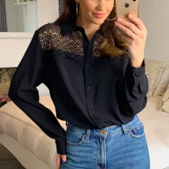 Wholesale ⌛ HOXTON GAL Oversized 👕 Shirt Relaxed Top With Lace Detail In Black 🤩