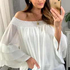 Cheap 👏 HOXTON GAL Oversized Off Shoulder Top With Layer Detailed Sleeves In White ✔️