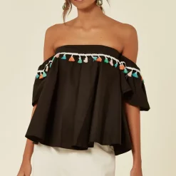 Top 10 👍 CY Boutique Off Shoulder ☀️ Summer Top In Black With Multi Colour Tassels ❤️