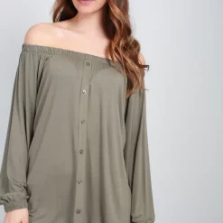 Buy ✨ Oops Fashion Off Shoulder Button Front Top In Khaki ⌛