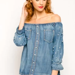 Best Pirce 🛒 CY Boutique Off Shoulder Top With Pearl Embellishments In Denim ⭐