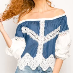 Deals 😉 CY Boutique Off Shoulder Crop Top With Lace Detail In Navy Blue Denim 🎁