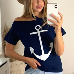 Discount 🛒 Jenerique Off Shoulder Oversized 🌞 Summer Navy Top/T 👚 Shirt With Marine Print ✨