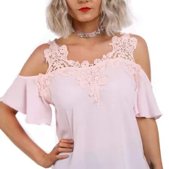 Cheap ⌛ LOES House Baby Pink Cold Shoulder Frill Top With Lace Appliqué 😉