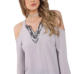 Best deal 😉 LOES House Embellished Cold Shoulder Bell Sleeve Top In Silver Grey 👍