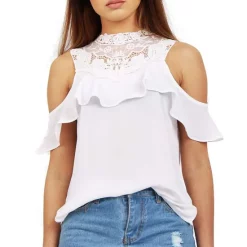 Best reviews of 👍 LOES House Lace Applique Ruffle Cold Shoulder Top In White 🔥