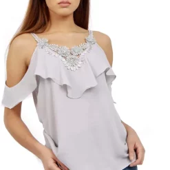 Best Pirce 🧨 LOES House Embellished Cold Shoulder Top In Pale Grey ❤️