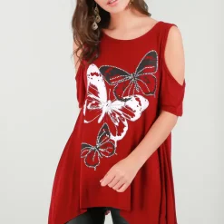 Flash Sale 👍 Oops Fashion Sophie Cold Shoulder Top In Wine Red Butterfly Print 💯