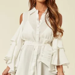 Cheap 🔥 CY Boutique Cold Shoulder 👚 Shirt In White With Flared Sleeves ⭐