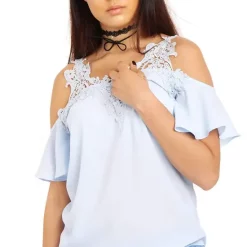 Budget 🤩 LOES House Powder Blue Cold Shoulder Frill Top With Lace Appliqué 😉