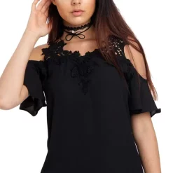 Discount 👍 LOES House Black Cold Shoulder Frill Top With Lace Appliqué ⌛