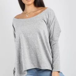 Promo 🤩 Oops Fashion Mae Off Shoulder Dipped Hem Top In Grey Marl ✨