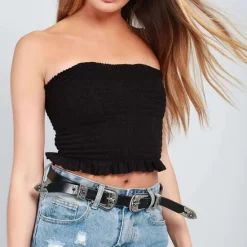 Best deal 👍 Oops Fashion Black Smocked Bandeau Crop Top With Frill Trim 🎉