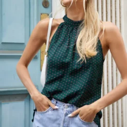 Promo 👍 TENKI LONDON Halter Neck Polka Dot Top In Green 🔔