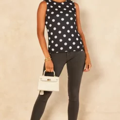 Cheap 🎁 SIGNAGE Black And White Polka Dot Round Neck Sleeveless Top 😀