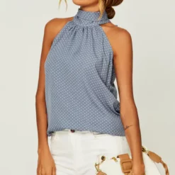 Best deal ⭐ FS Collection White Polka Dot Print Halter Neck Tie Back Top In Grey Blue 👍