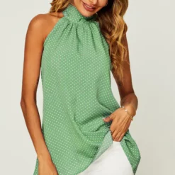 Best deal 🌟 FS Collection White Polka Dot Print Halter Neck Tie Back Top In Green 🥰