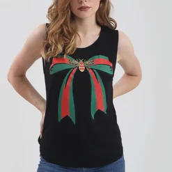 Top 10 😉 Oops Fashion Black Sleeveless Vest Top With Green And Red Bow 😉