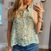 Outlet ⌛ CY Boutique Sleeveless Chiffon 👕 Shirt In Green Daisy Floral Print 😉