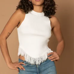 Discount 😉 Goldie High Neck Vest Top With Fringe In White ❤️