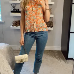 Wholesale 🎁 CY Boutique Sleeveless Chiffon 👕 Shirt In Pink Daisy Floral Print 💯