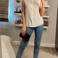 Buy 🌟 CY Boutique Sleeveless 👚 Shirt With Pearl Embellished Neckline In White 💯